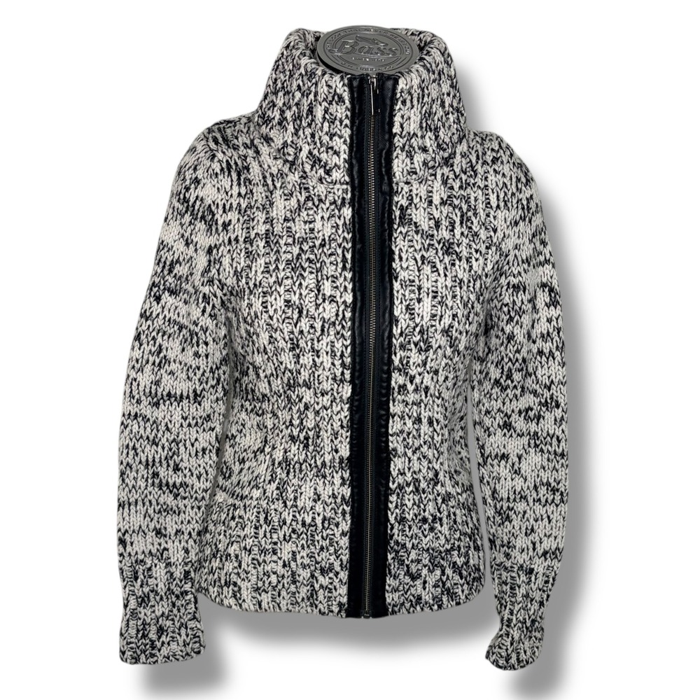 Banana Republic XS Chunky Knit Turtleneck Zip‎ Sweater Black White Italian Yarn